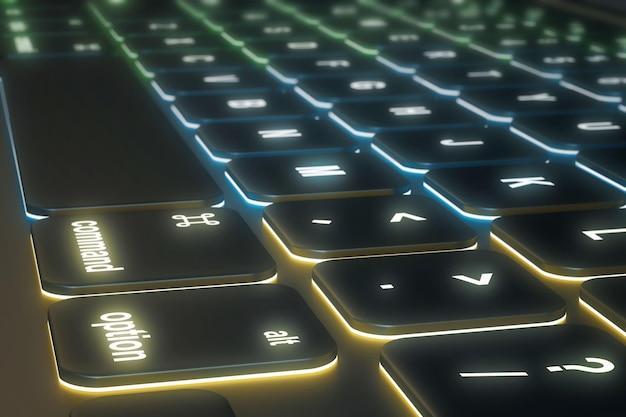 Primer plano de un teclado de neón iluminado Tecnología y concepto de equipo Renderización 3D