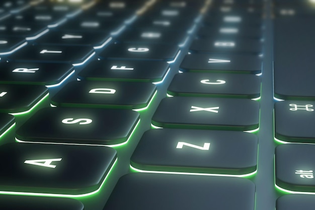 Primer plano del teclado de neón iluminado Tecnología y concepto de juego Renderización 3D