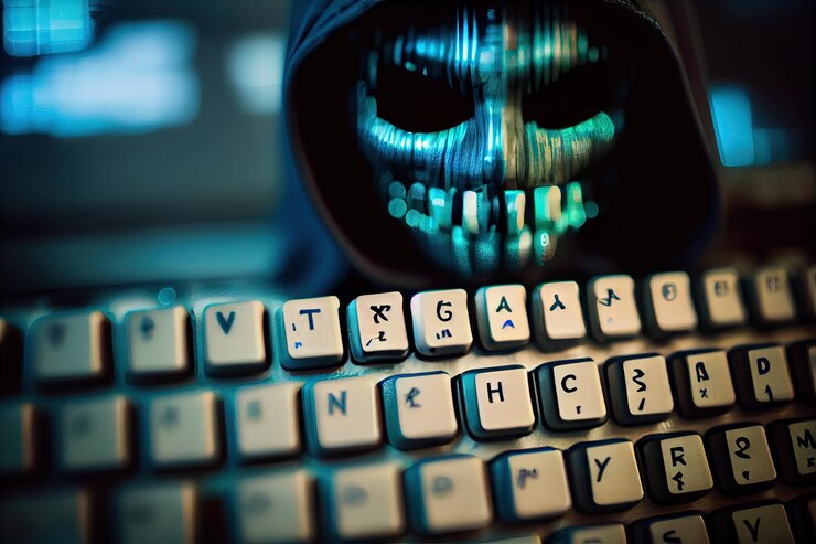 Foto primer plano del teclado de los piratas informáticos con vista borrosa de la pantalla en el fondo