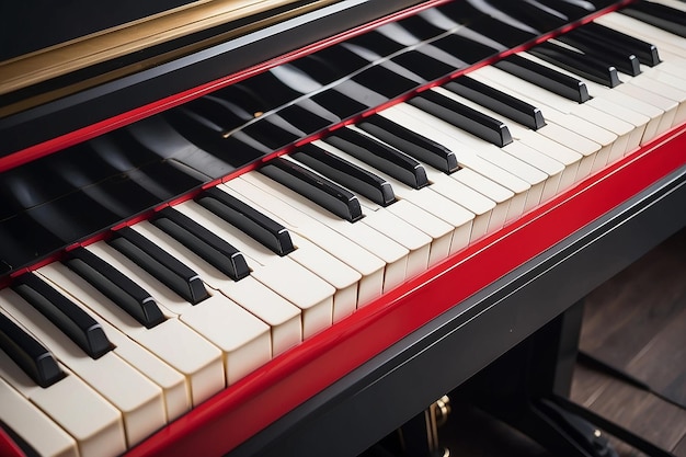 Un primer plano de las teclas del piano con recortes rojos