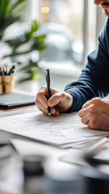 Un primer plano de un tecnólogo arquitectónico dibujando planes de construcción en un bloc de notas con herramientas de dibujo en un estudio lleno de luz