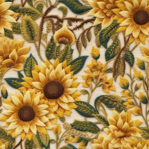 Un primer plano de un tejido floral amarillo y verde con girasoles generativos ai