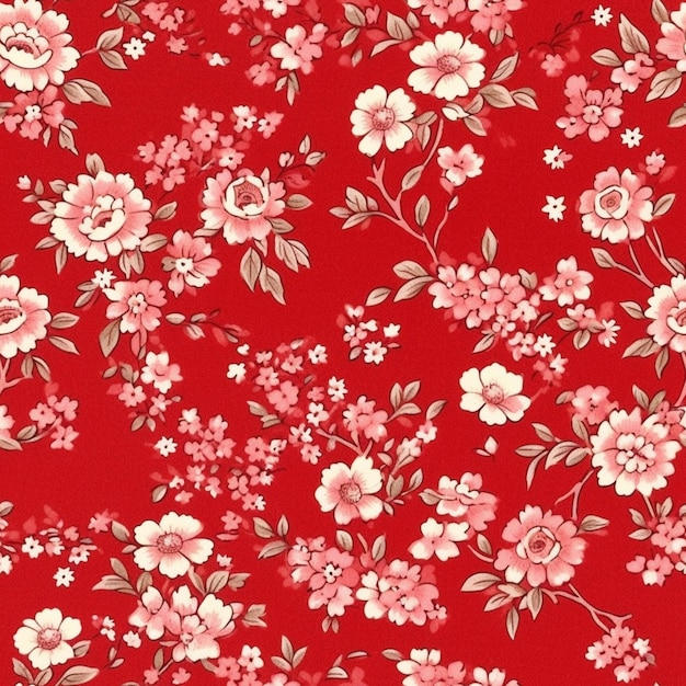 Un primer plano de un tejido floral rojo con flores blancas ai generativo