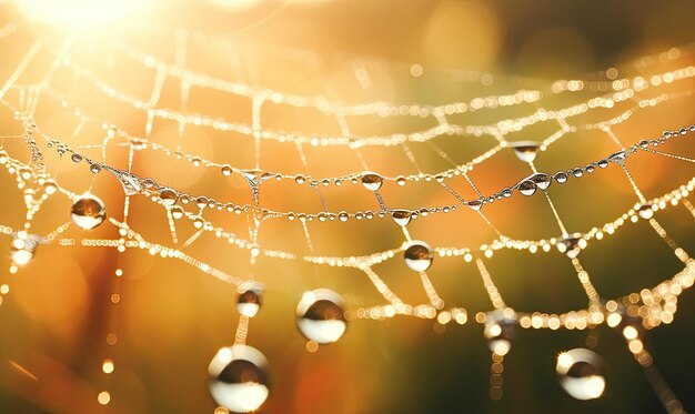 Un primer plano de la tela de araña con gotas de agua