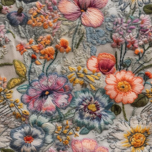 un primer plano de una tela bordada floral con muchas flores generativa ai