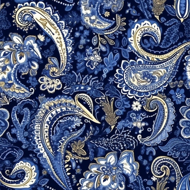 un primer plano de una tela con estampado paisley azul y dorado ai generativo