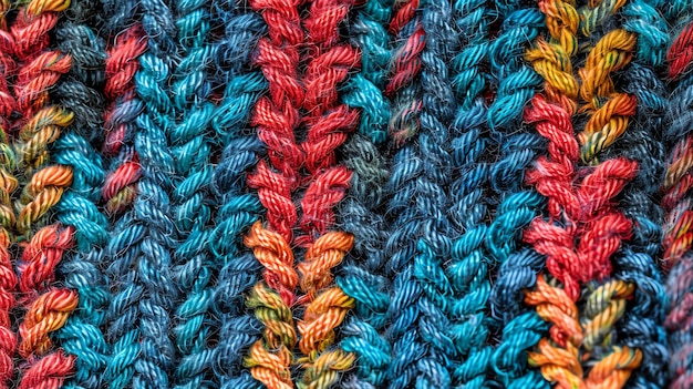 Primer plano de una tela de punto con hilos azules, rojos, naranjas y amarillos
