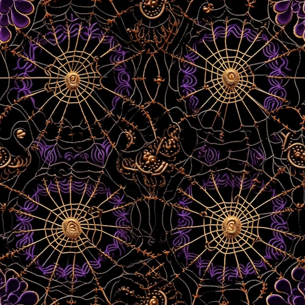 Foto un primer plano de una telaraña con flores de color púrpura sobre un fondo negro ai generativo