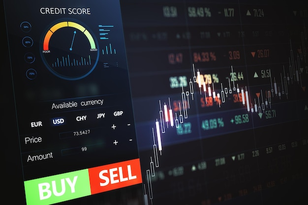 Primer plano de un teléfono inteligente abstracto con gráfico de divisas y venta de botones de compra sobre fondo oscuro Criptomoneda de la bolsa de valores y concepto de información de fondos globales Representación 3D