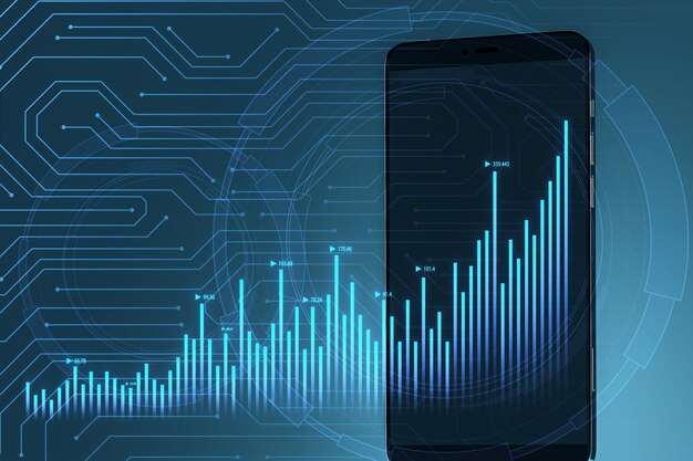 Primer plano de un teléfono inteligente con un gráfico de negocios brillante y en crecimiento en un fondo azul borroso Crecimiento financiero Comercio y concepto de acciones Renderización 3D