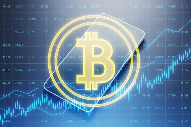Primer plano de un teléfono inteligente con un índice de cuadrícula de botones de bitcoin creativo y un holograma de candelabro en un fondo borroso Finanzas del comercio de criptomonedas y concepto de mercado Renderización 3D
