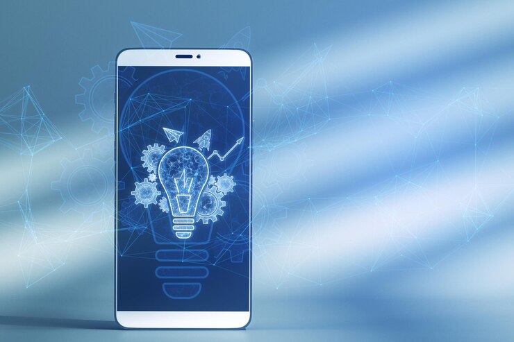 Foto primer plano de un teléfono inteligente con luz diurna y una bombilla azul brillante rueda dentada y holograma de flecha en un fondo poligonal innovación e idea creativa concepto renderización 3d