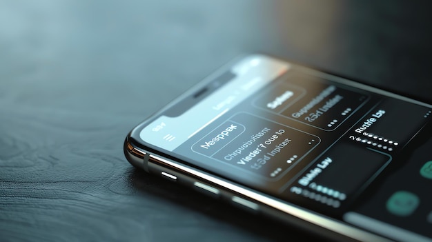 Un primer plano de un teléfono inteligente moderno con una pantalla en blanco El teléfono se coloca en una superficie oscura El teléfono es elegante y tiene un diseño minimalista