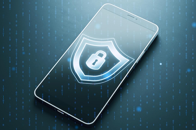 Primer plano de un teléfono móvil con un holograma de seguridad digital creativo y un escudo en un fondo de código binario borroso Concepto de seguridad y identificación segura Renderización 3D