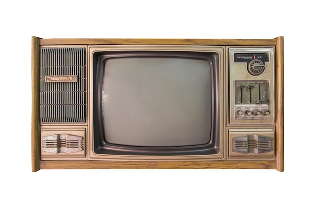 Primer plano de una televisión antigua contra un fondo blanco