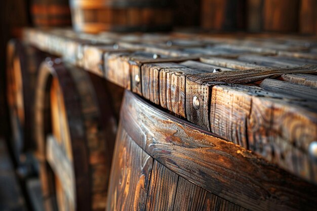 Un primer plano de tequila envejecida en un barril con un enfoque en la textura de la madera