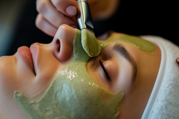 Primer plano de un terapeuta facial femenino aplicando una máscara de descascarado orgánico