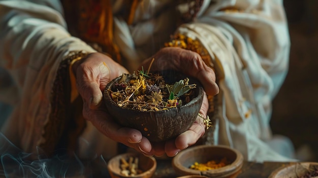 Foto primer plano de un terapeuta o curandero preparando remedios tradicionales a base de hierbas con plantas medicinales