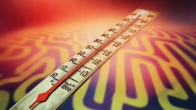 Un primer plano en el termómetro que muestra una alta temperatura