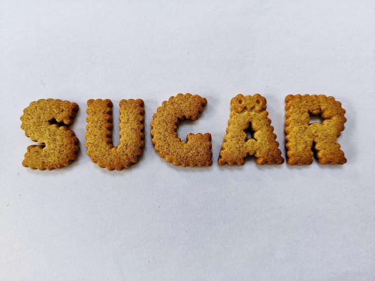 Foto primer plano de texto de azúcar hecho con galletas contra un fondo blanco