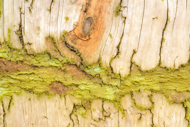 Primer plano de la textura de una corteza de árbol con musgo verde y grietas Generado por AI