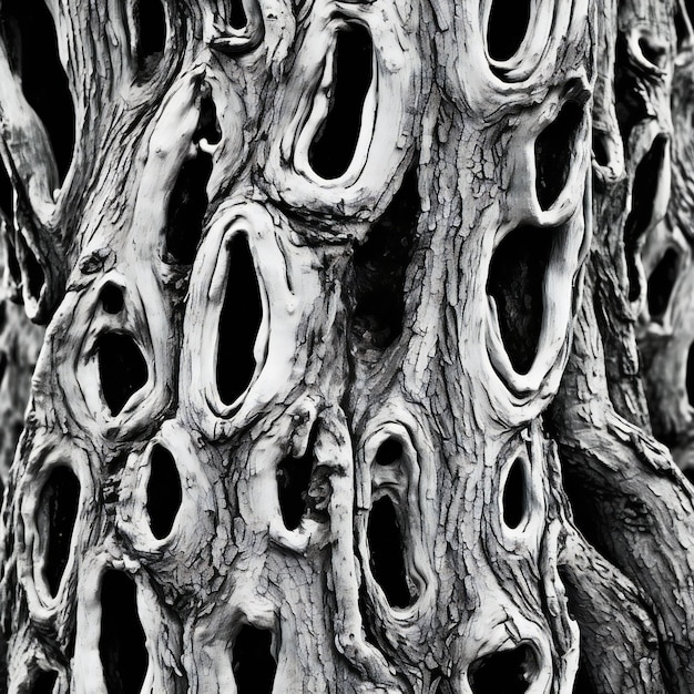 Primer plano de la textura de la corteza de un árbol viejo en blanco y negro