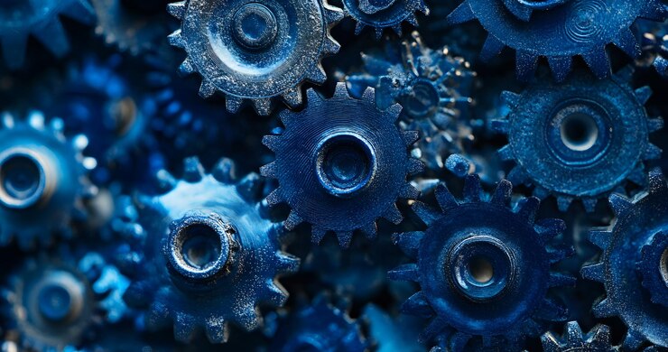 Primer plano de la textura mecánica de los engranajes interconectados azules