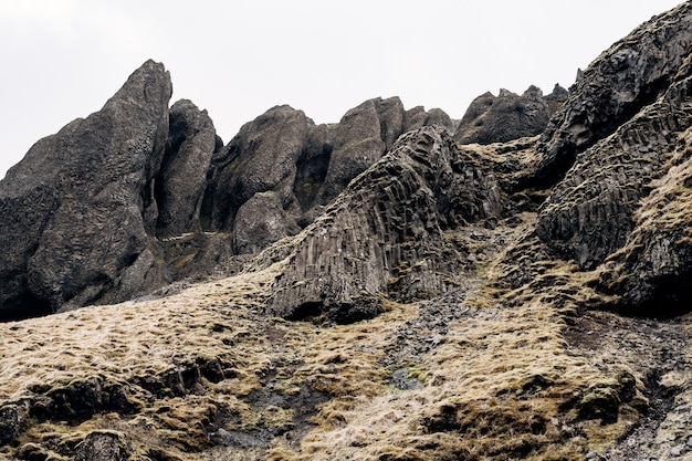 Un primer plano de la textura de las montañas en islandia rocas volcánicas de basalto puff piedras cubiertas con