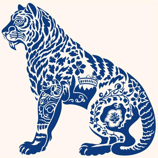 un primer plano de un tigre azul y blanco con un diseño floral generativo ai