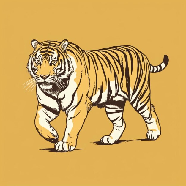 un primer plano de un tigre caminando sobre un fondo amarillo ai generativo