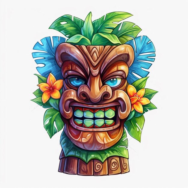 un primer plano de un tiki con flores y hojas en él