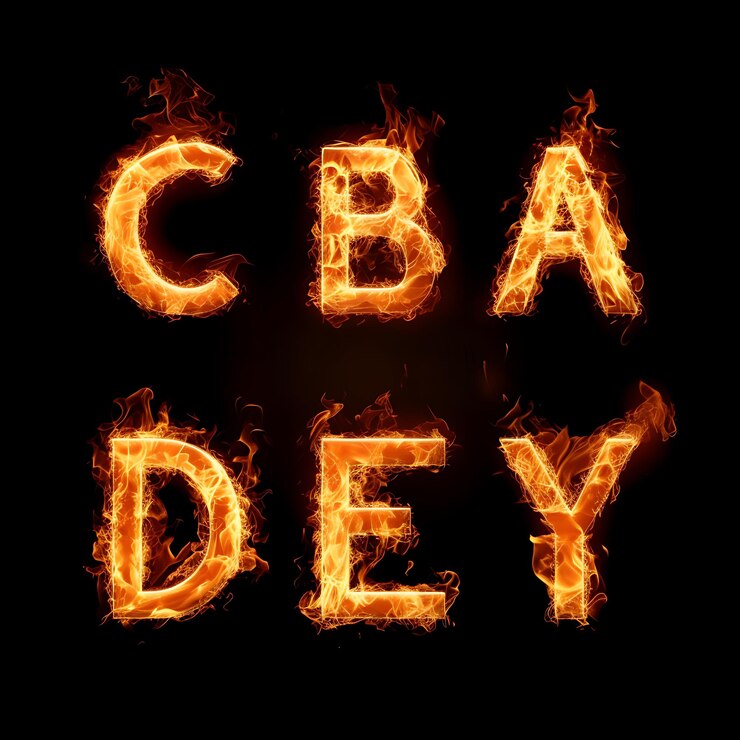 un primer plano de un tipo de fuego de letras que deletrean cba dey