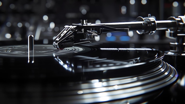 Un primer plano de un tocadiscos tocando un disco de vinilo La aguja está en el surco del disco y el disco está girando