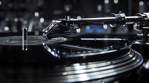 Foto un primer plano de un tocadiscos tocando un disco de vinilo la aguja está en el surco del disco y el disco está girando