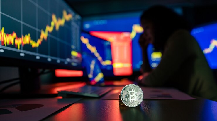 Foto primer plano del token virtual de criptomoneda bitcoin plata en el escritorio con el inversor comerciante de fracaso infeliz molesto que mira la pérdida de valor de la tabla gráfica en la pantalla del monitor de la computadora en el fondo borroso de la sombra.