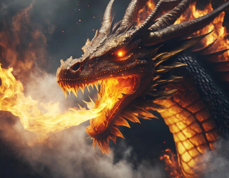 Primer plano de una toma cinematográfica de un dragón volador que respira fuego