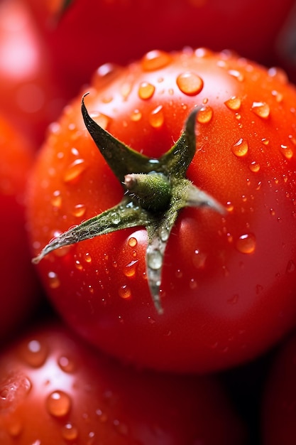 Un primer plano de un tomate con gotas de agua sobre él