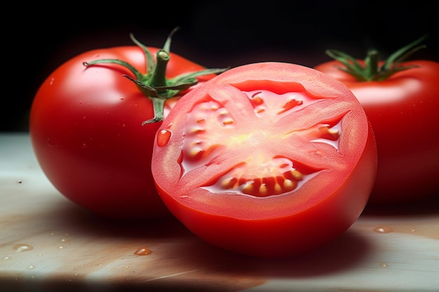 Un primer plano de un tomate en una tabla para cortar