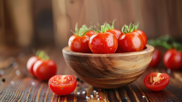 Primer plano de tomates de cereza rojos frescos en madera Imagen generada por IA
