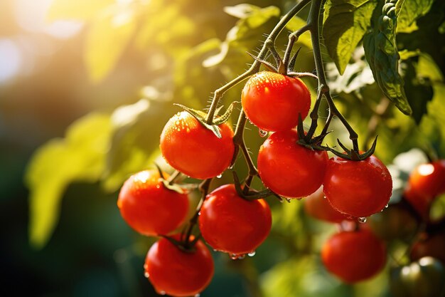 Primer plano de tomates cherry rojos maduros en una rama al atardecer o al amanecer fondo borroso