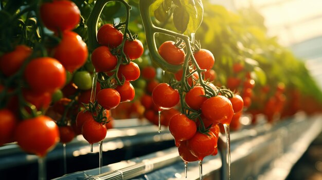 Un primer plano de tomates maduros que crecen en un invernadero