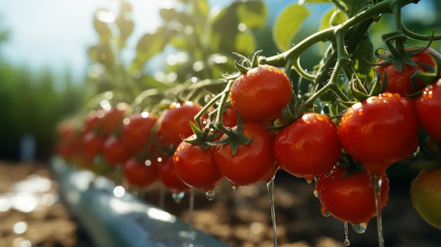 Un primer plano de tomates maduros que crecen en un invernadero