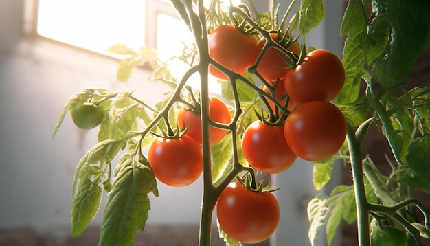 Un primer plano de tomates en una planta