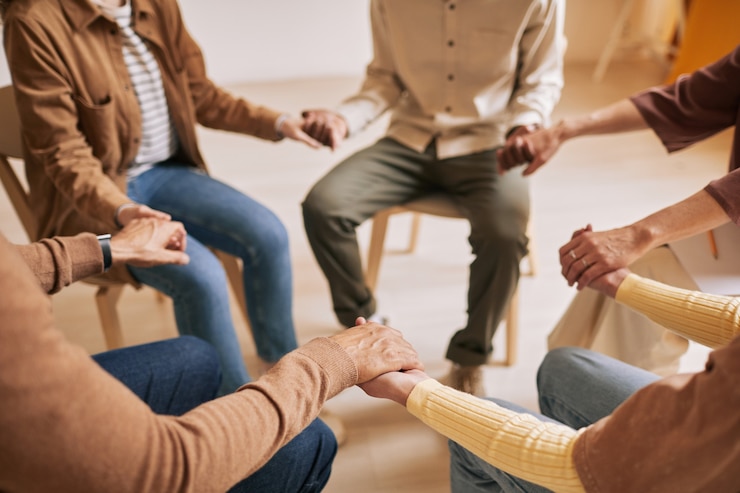 Foto primer plano de tonos cálidos de personas cogidas de la mano en círculo durante la sesión de terapia en el grupo de apoyo, espacio de copia