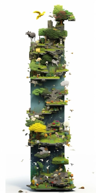 Foto un primer plano de una torre alta con animales y árboles en la parte superior ai generativo