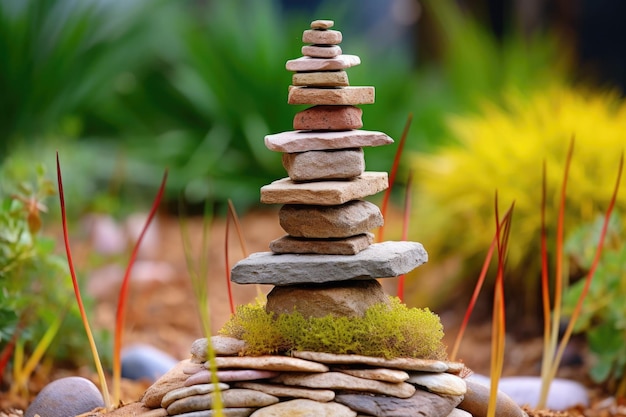 Primer plano de una torre de piedra equilibrada en un jardín zen creado con ai generativa