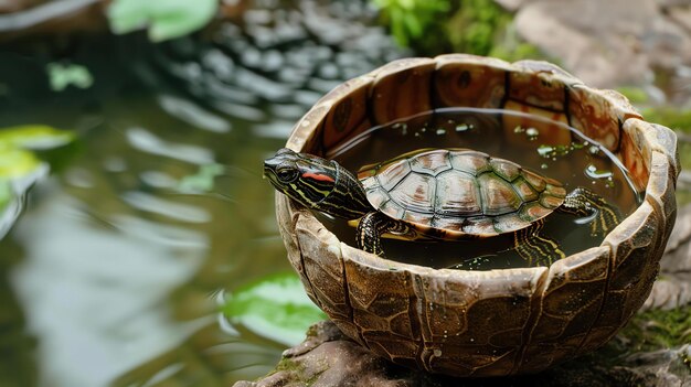 Foto un primer plano de una tortuga en un cuenco de agua la tortuga está descansando en el cuenco su cabeza y cuello se extienden fuera del agua