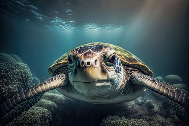 Primer plano de una tortuga marina bajo el agua Vida silvestre en peligro de extinción y concepto de ecosistema oceánico IA generativa