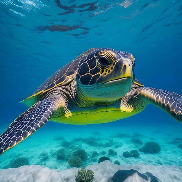 Un primer plano de una tortuga marina nadando en agua azul clara