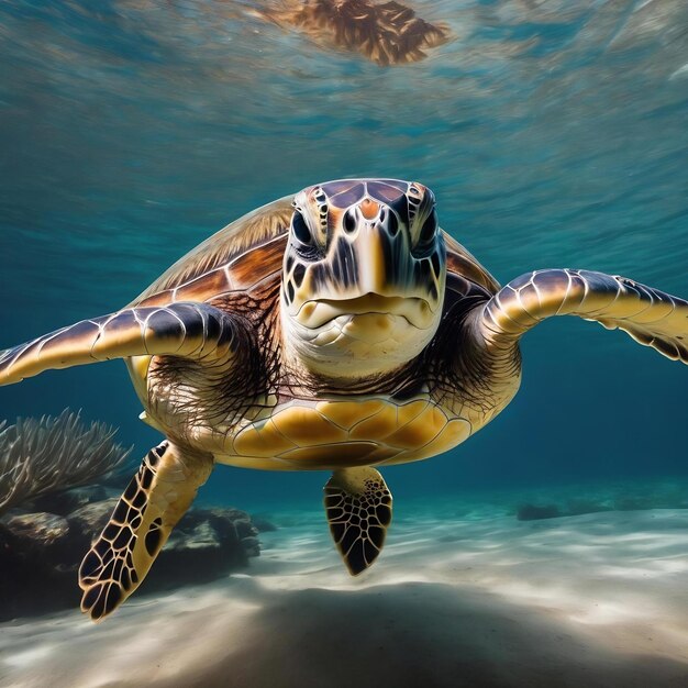 Un primer plano de una tortuga marina verde nadando bajo el agua bajo las luces